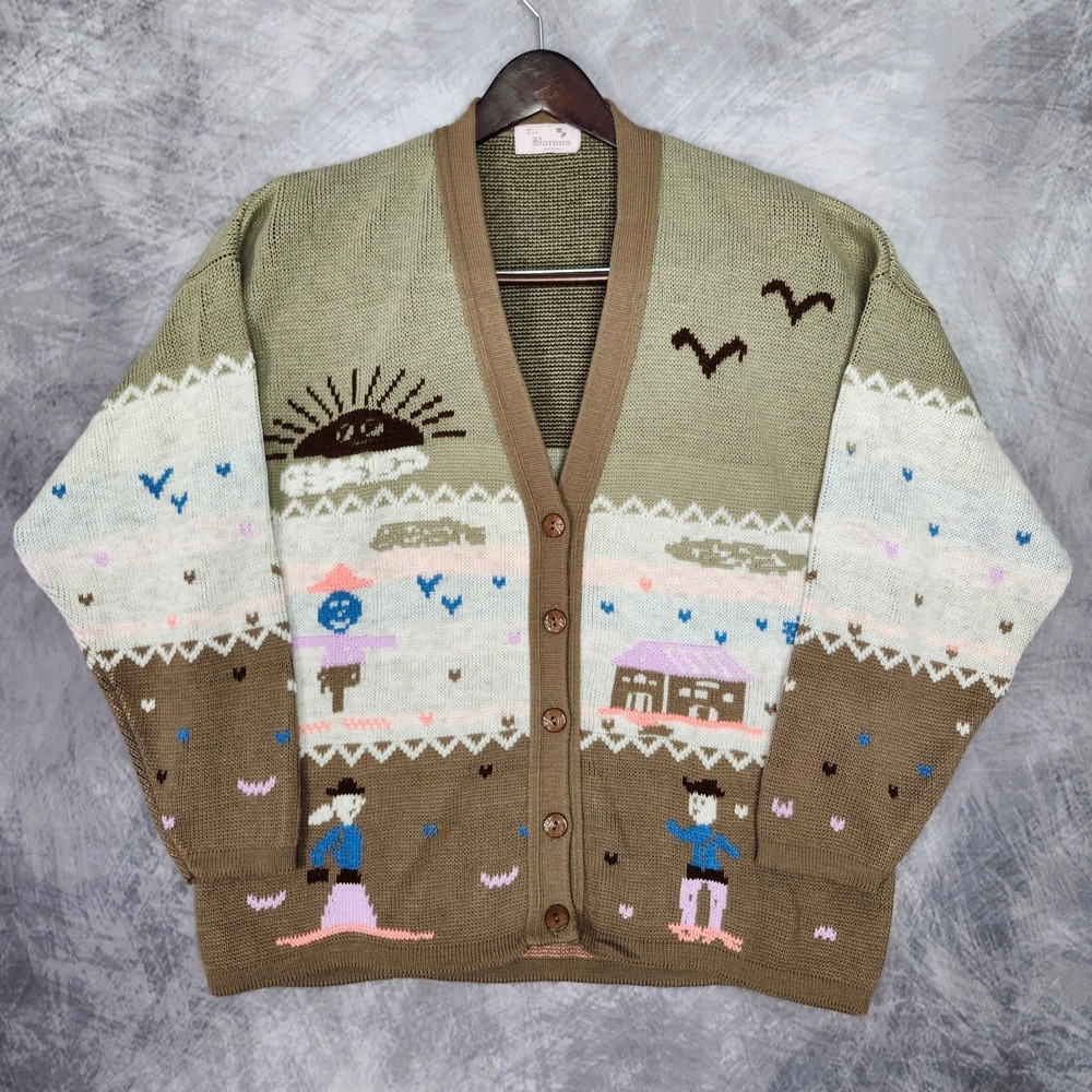 Vintage Farm Landscape Wool Cardigan Sweater XL Cottagecore Folk Art Scenic 80s